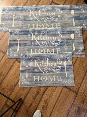 Kitchen rugs set of 3.  Blue themed $25 for all 3